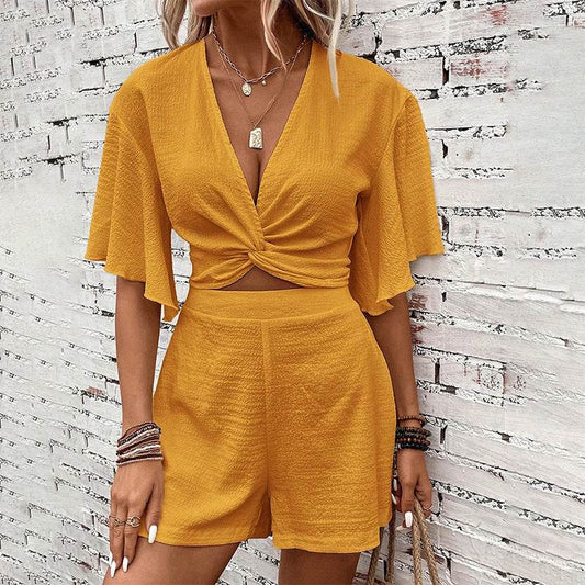 Fashion Loose Suits For Women V-neck Ruffle Sleeve Short-sleeved Top And Shorts Summer Two-piece Set Clothing - Velora