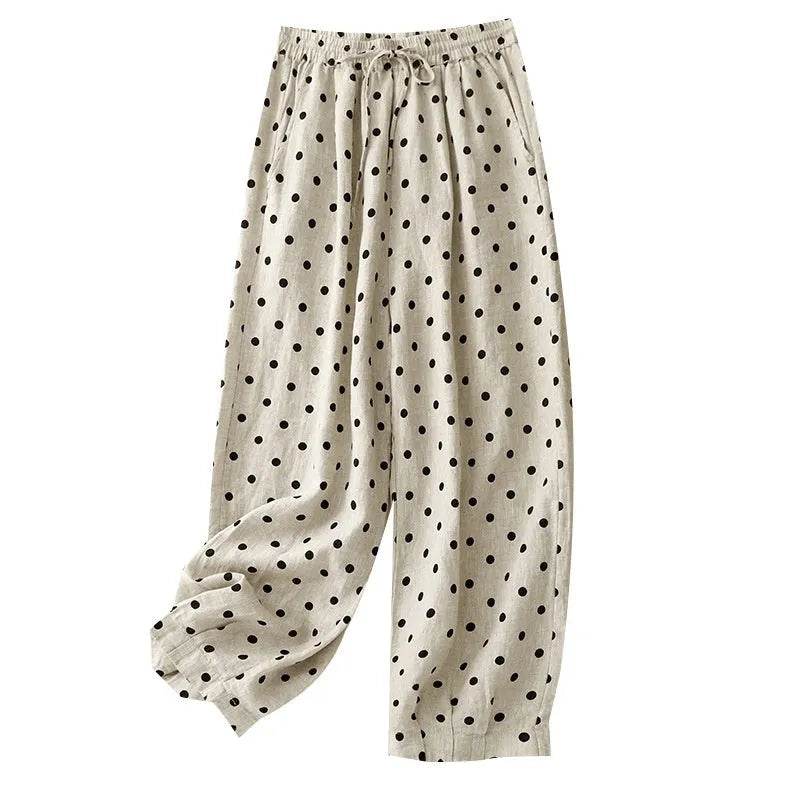 Cotton Hemp Polka Dots Tied Elastic Waist Harem wide leg trouser Pants For Women - Velora