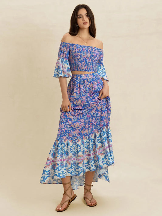 Smocked Off-Shoulder Printed Top and Skirt Set - Velora