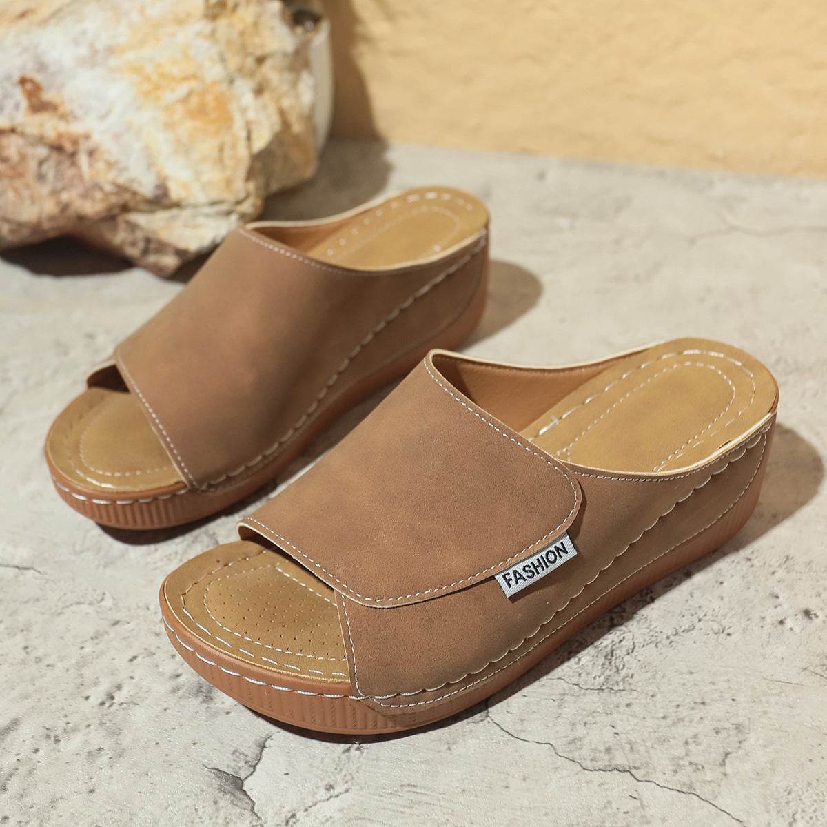 Summer Wedge Slides Slippers Fashion Fish Mouth Thick Bottom Roman Shoes Solid Color Beach Sandals For Women - Velora