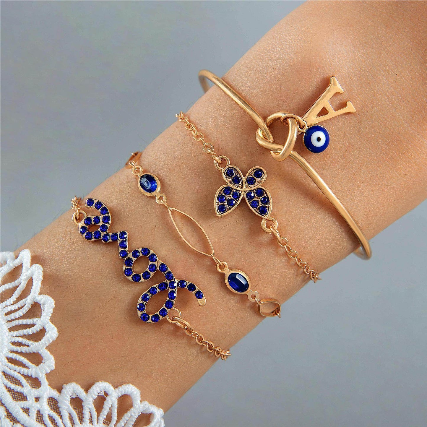 4pcs Blue Flower Love Butterfly Bracelet Set With Rhinestones Design Valentines Day - Velora