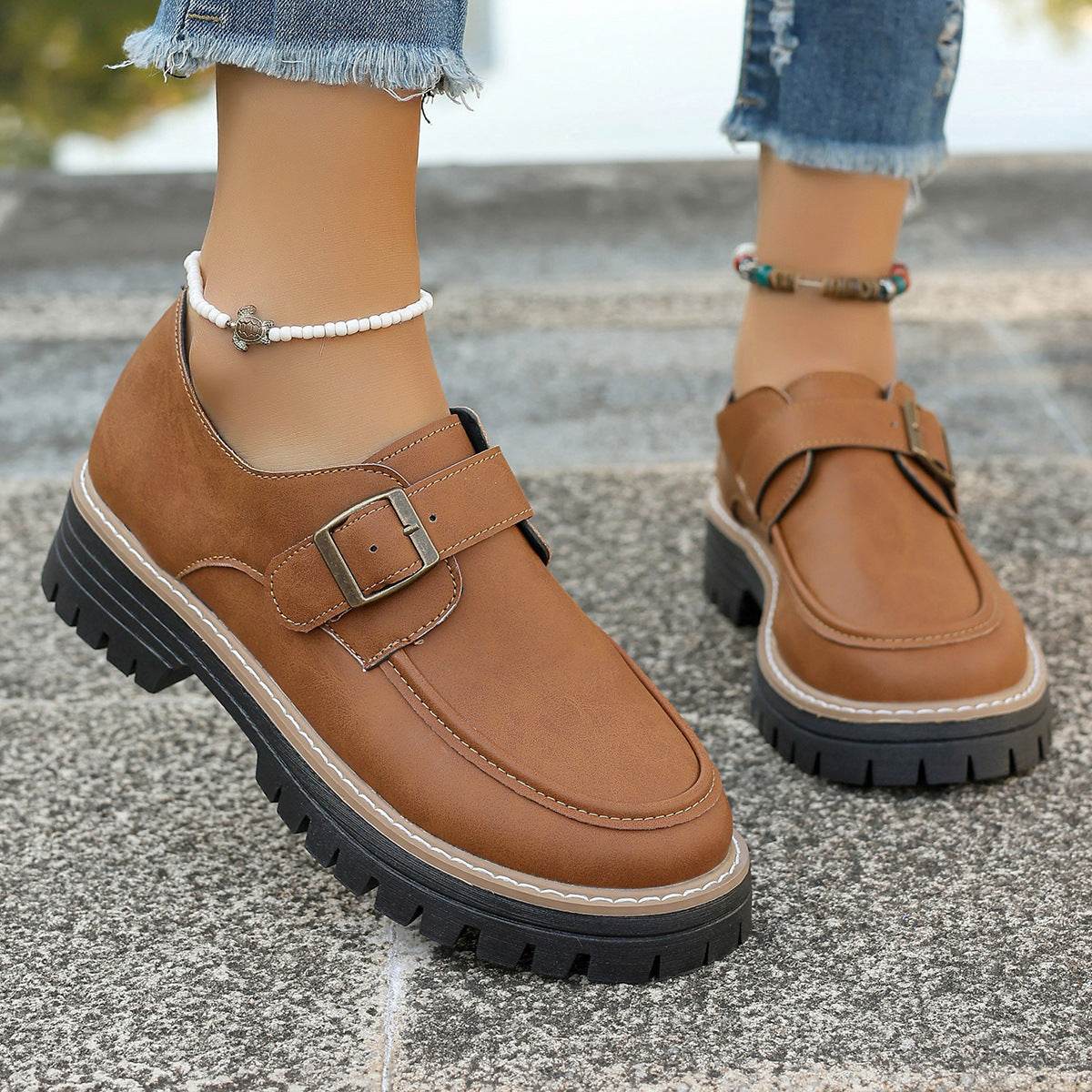 Fashion Buckle Loafers For Women British Style Height-increasing Thick-soled Casual Shoes - Velora