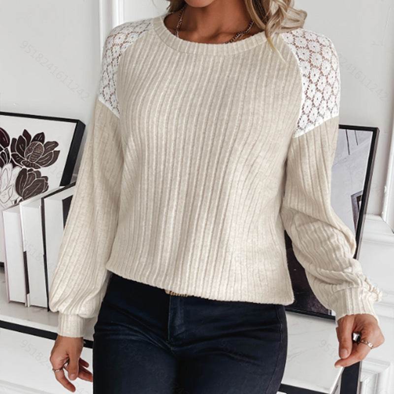 Comfort And Casual Lace Stitching Solid Color Pullover Long Sleeve Top - Velora