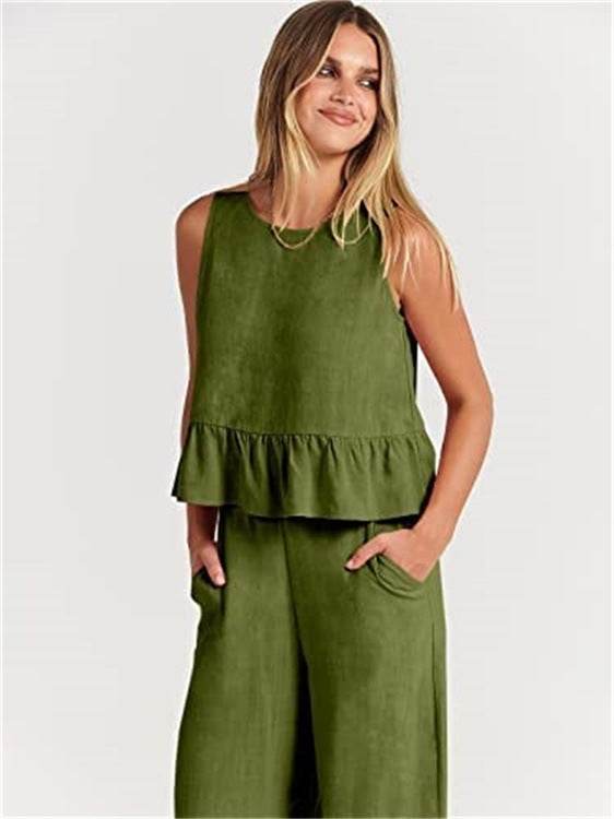 Casual Suit Summer Sleeveless Pleated Vest And Wide-leg Cropped Pants Fashion Two Piece Sets Women - Velora