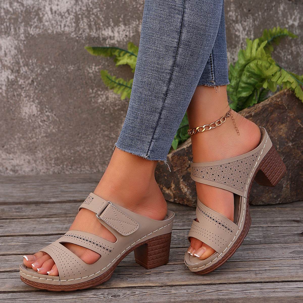 Square-heeled Peep-toe Slides Shoes Summer Casual Chunky Heel Sandals Solid Color Slippers - Velora