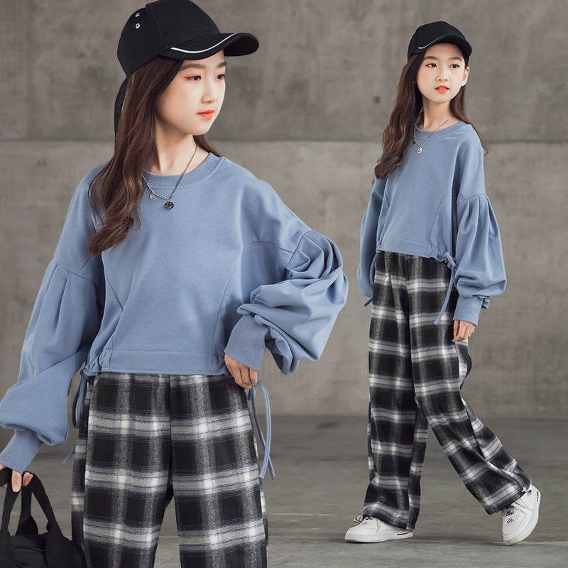 Girls' Suits Western Style Korean Children's Clothing Trendy Plaid Trousers Big Kids - Velora