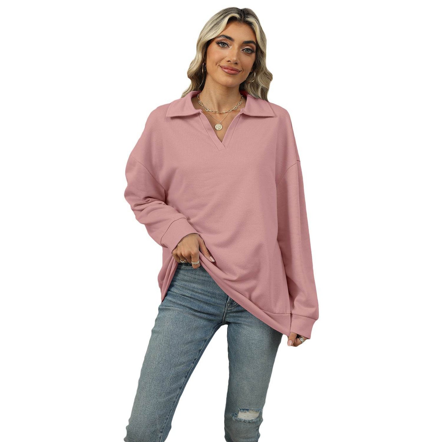 Solid Color Polo Collar Loose Long Sleeve Sweatershirt Coat - Velora