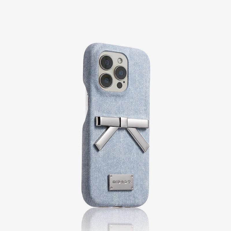 White Denim Metal Bow Anti Drop Silicone Phone Case - Velora