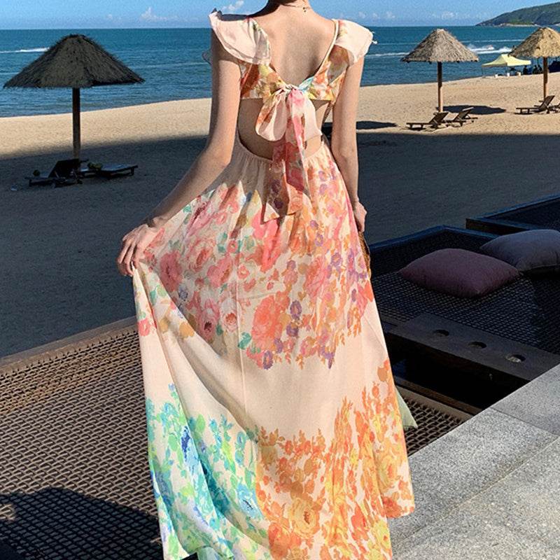 Fashion V-neck Ruffle Sleeve Long Dress Summer Romantic French-Style Flowers Print Bow-knot Backless Design Beach Vacation Dresses Womens Clothing - Velora