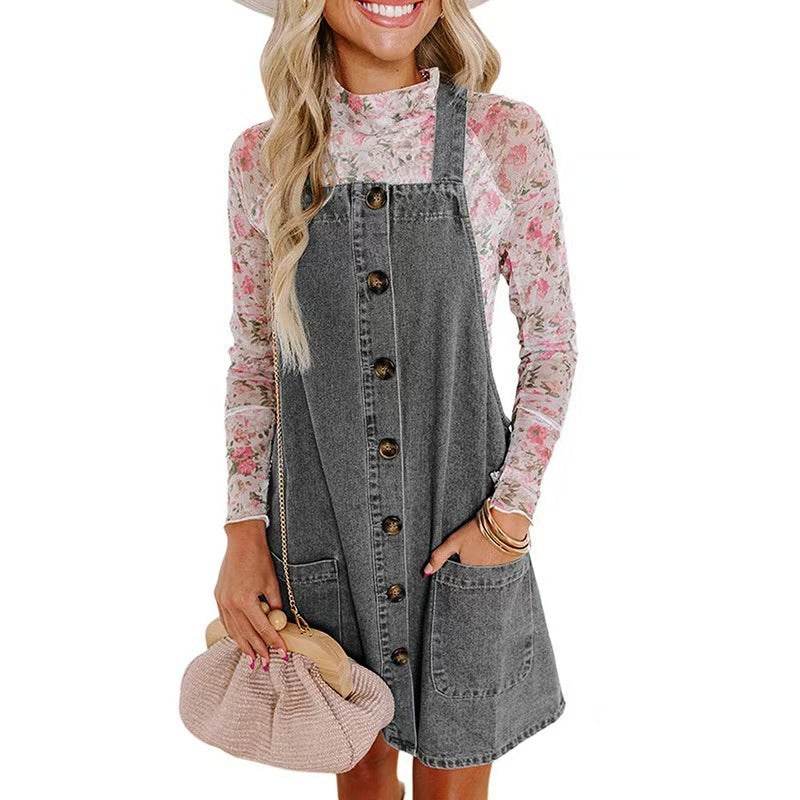 Loose Mini Denim Brace Jeans Jumper Dress - Velora