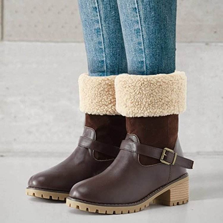 Fashion Boots With Buckle Chunky Heel Shoes Warm Winter Round Toe Western Boots For Women - Velora
