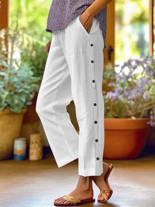 Full Size Side Decor Button Casual Wide Leg Pants Plus Size - Velora