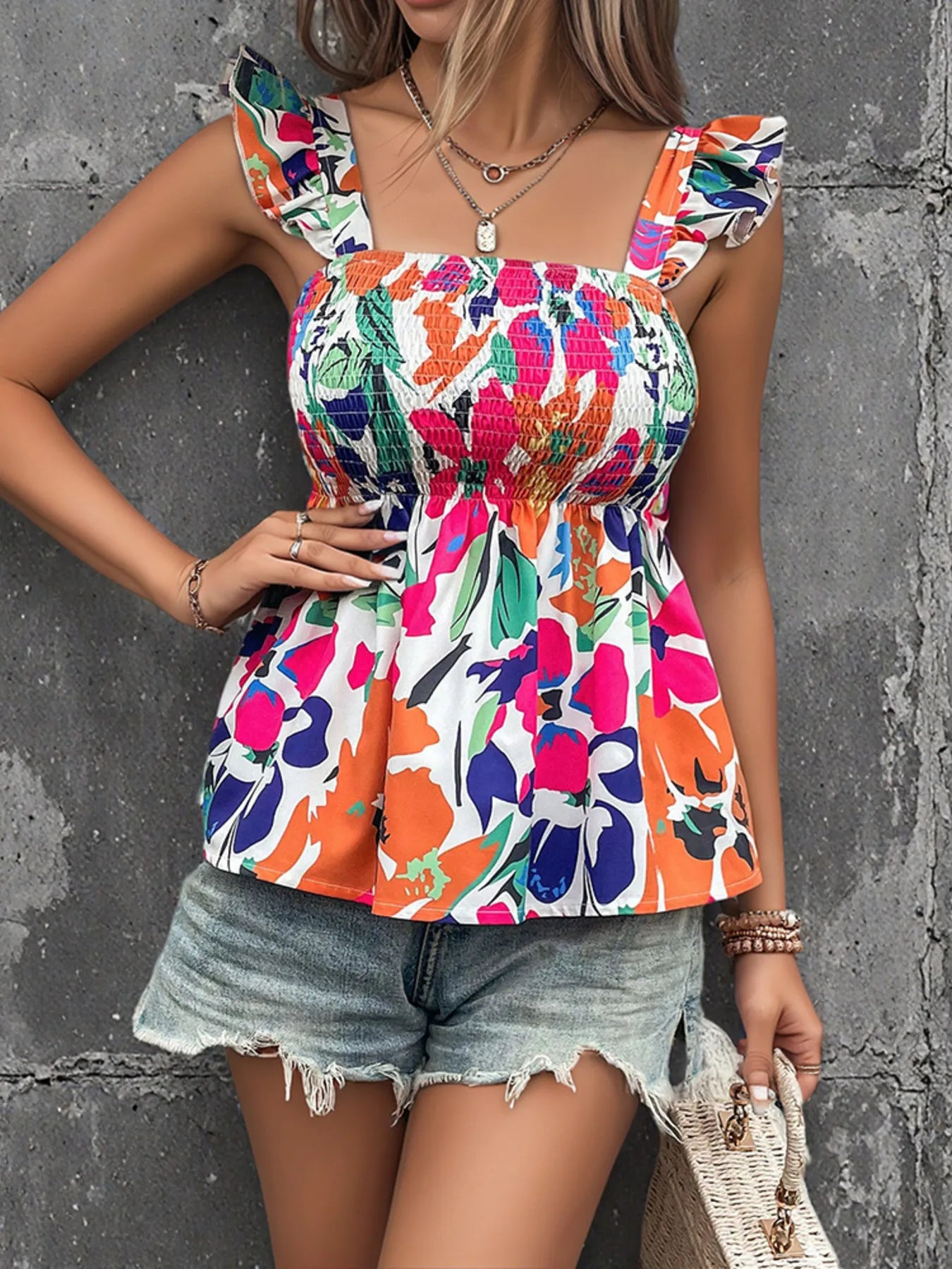 Smocked Printed Ruffled Blouse - Velora