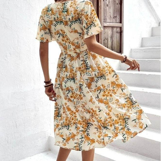 Women Bohemian Spring Short sleeve Casual flowy V-neck Tie belt Floral Summer Midi Dress - Velora