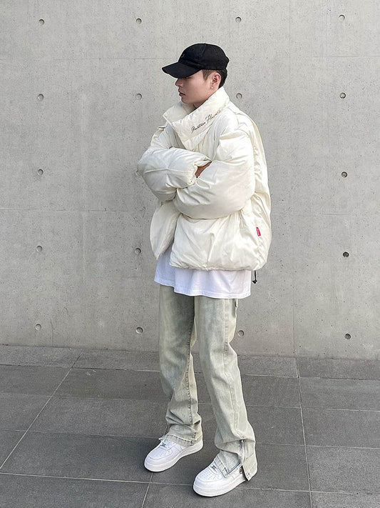 Retro Washed Distressed Yellow Mud Dyed Zipper Split Jeans - Velora