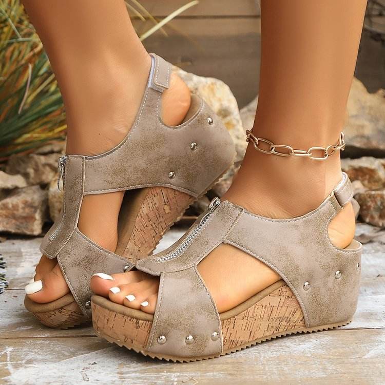 Summer Zipper Wedges Sandals Women's Lightweight Height Increasing Shoes Fashion Casual Sandals - Velora