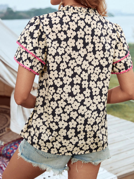 Floral Print Short Sleeve Blouse with Contrast Trim - Velora
