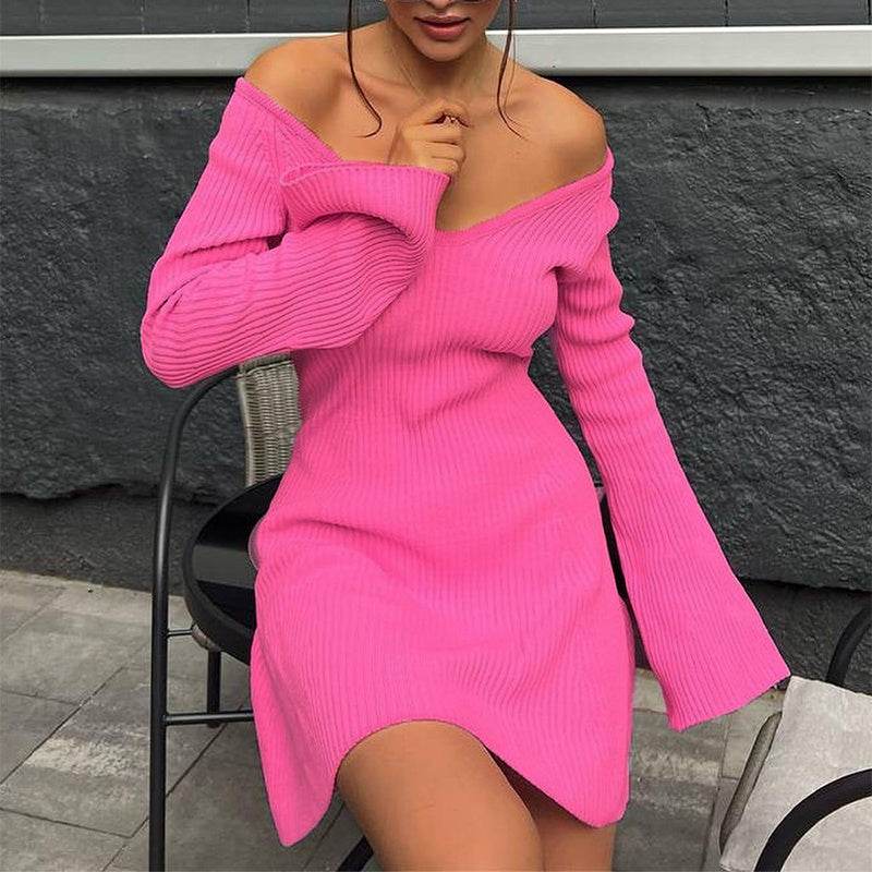 Sexy Slim V-Neck Long Sleeve Knitted Dress Fashion Tight High Elastic Ruffle A-Line Short Dresses Y2K Skirt Womens Clothing - Velora