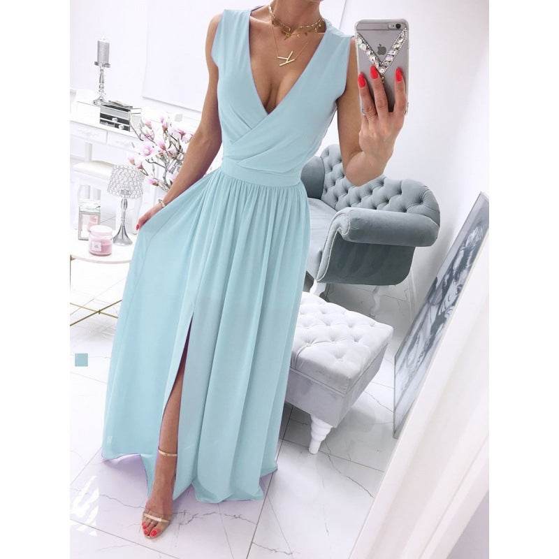 Women's Summer Sleeveless And Ankle Skirt Solid Color V-neck Front Split Long Dress - Velora