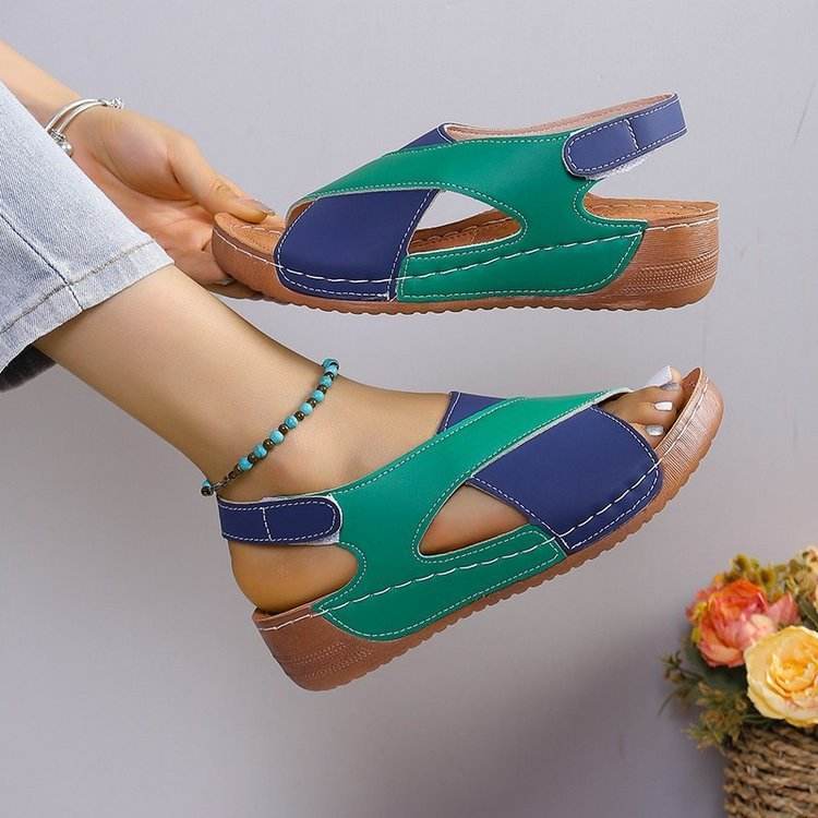 Summer Wedges Sandals With Colorblock Cross-strap Design Casual Thick-soled Roman Shoes For Women - Velora