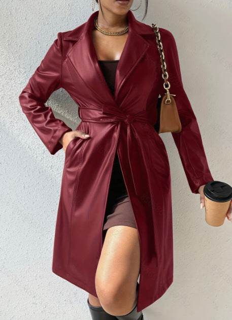 Long Sleeve Lapel PU Leather Jacket With Pockets Slim Fit Long Trench Coat Women's Clothing - Velora