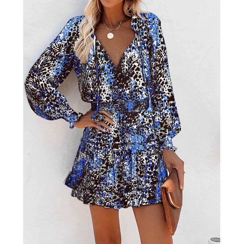 Flowers Print Long Sleeve Dress Fashion Patchwork Puff Sleeve Waist Dresses Womens Clothing - Velora