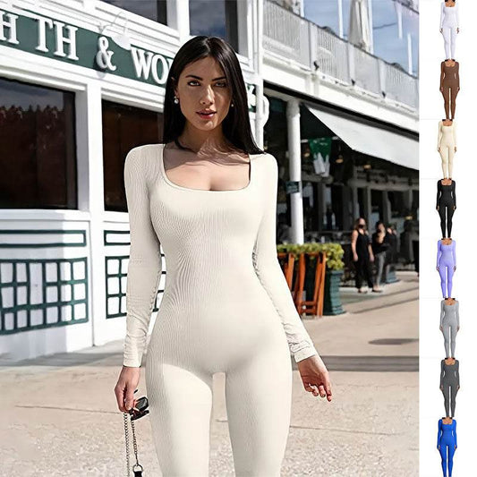 Women's Yoga Sports Fitness Jumpsuit Workout Long Sleeve Square Collar Clothing - Velora