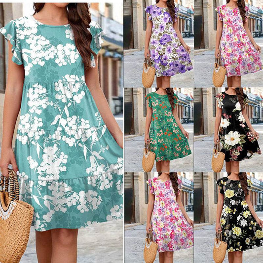 Ruffle Sleeve Dress Summer Loose Flower Print Beach Dresses Sweet Skirt Women - Velora