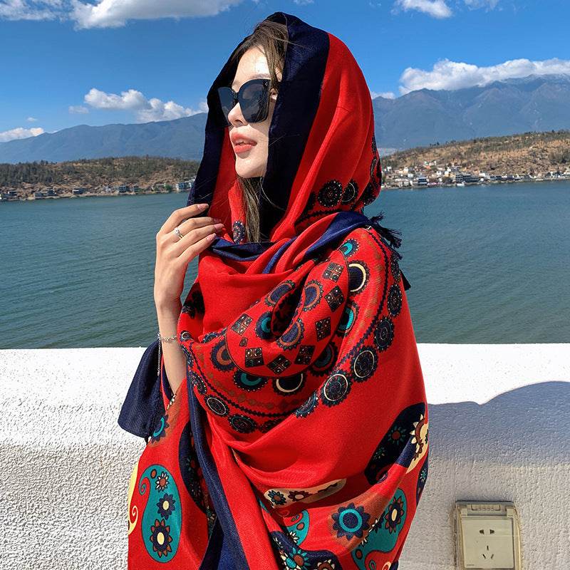 Ethnic Style Sun Protection Talma Tibet Desert Travel Thin Holiday Silk Scarf - Velora