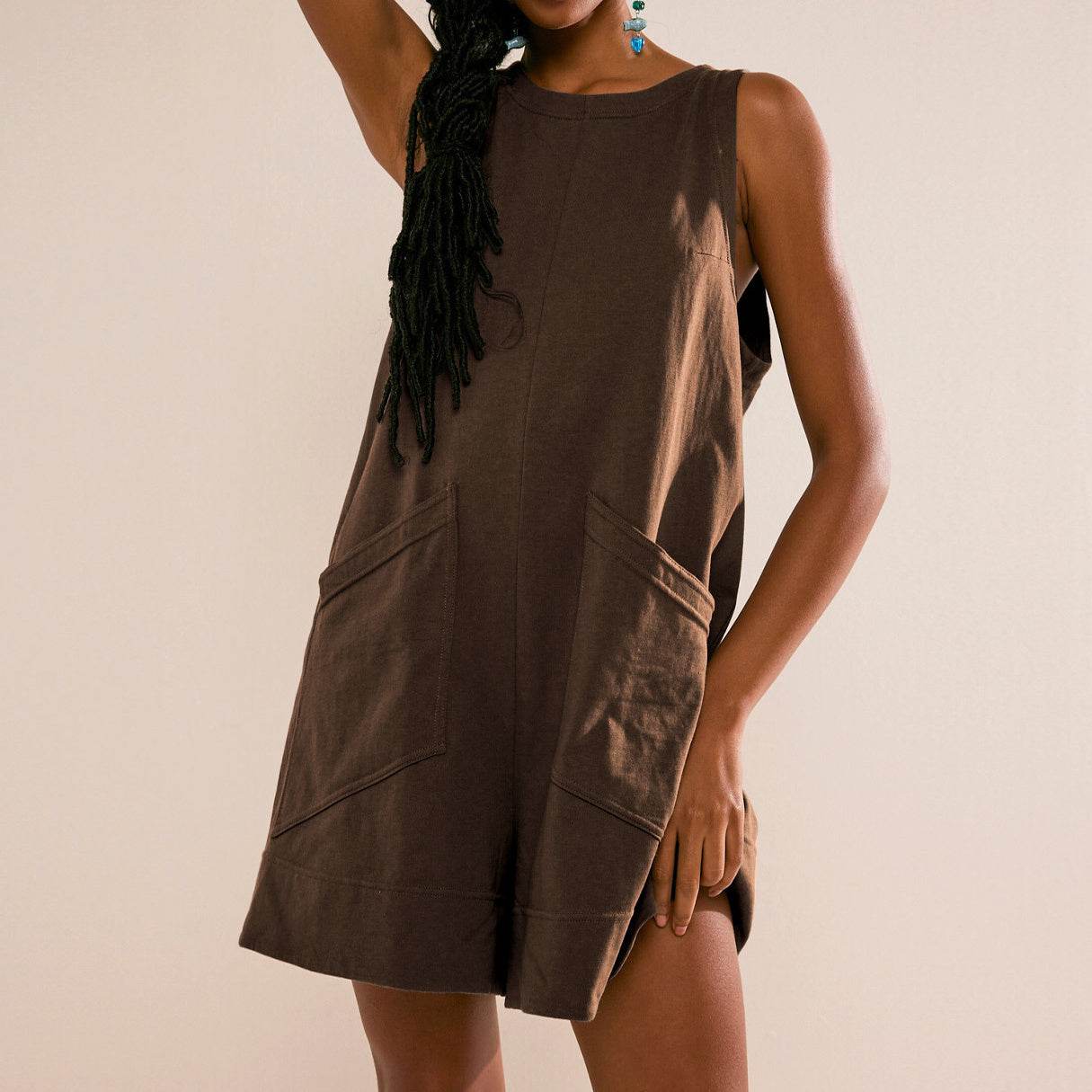 Solid Color Loose Jumpsuit With Pockets Fashion Summer Straight Cargo Shorts Overall Pants Beach Womens Clothing - Velora