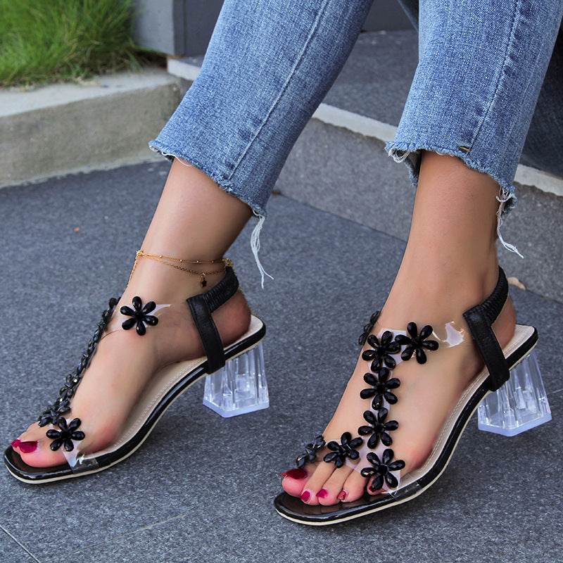 Fashion Flowers Sandals With Transparent High Square Heels Summer Square Toe Shoes For Women - Velora