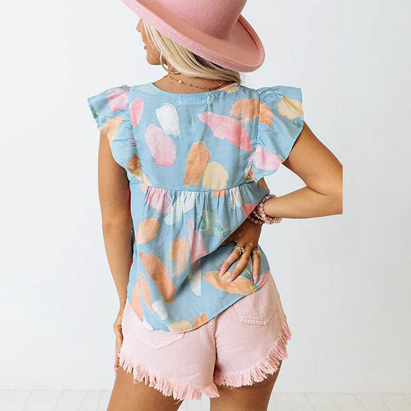 Women's Abstract Printing V-neck Ruffled Sleeve Top - Velora