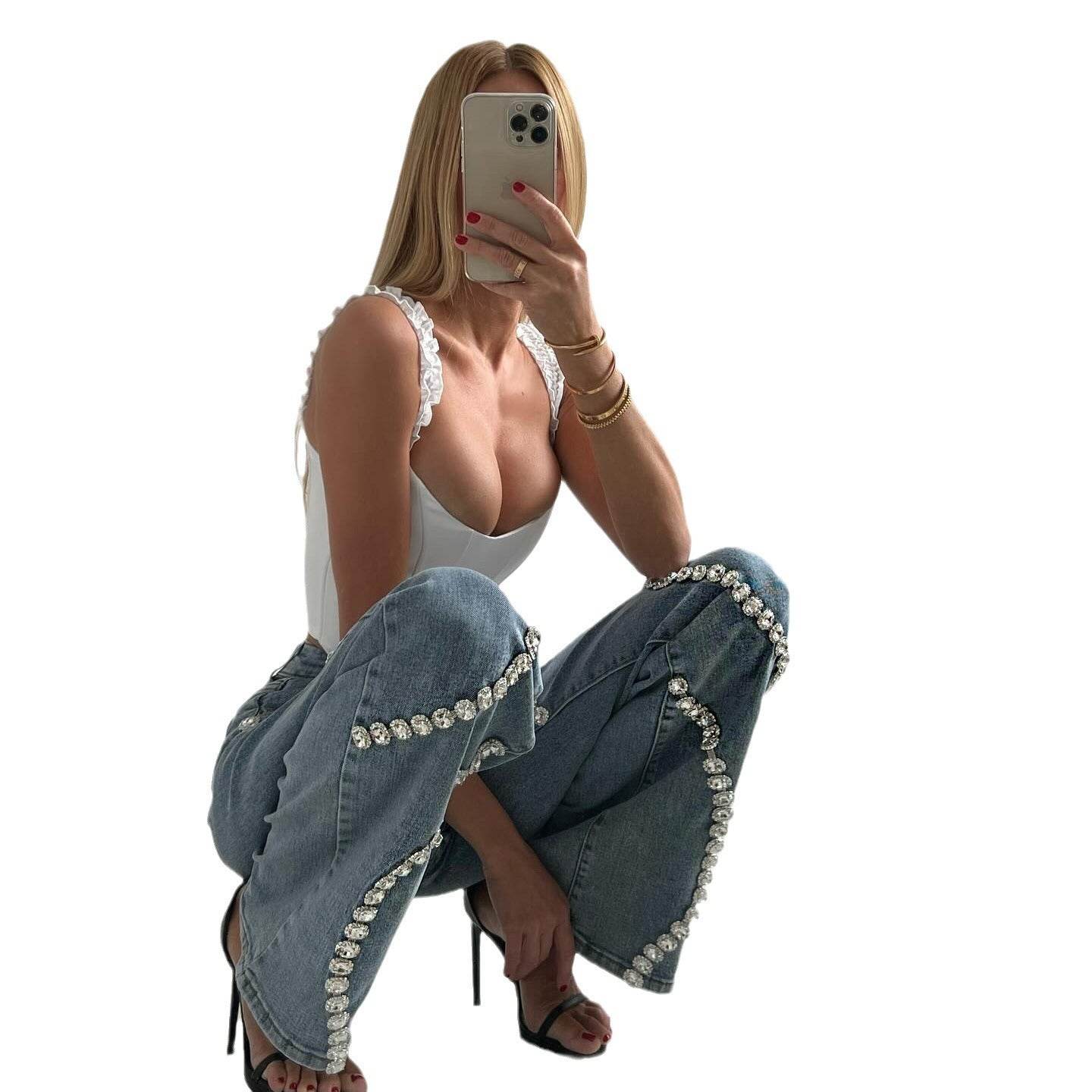 Loose Straight Leg Jeans And Fashionable Casual Pants With A Rhine Stone Denim Design Around Them Suitable For Women - Velora
