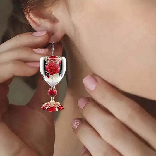 Valentine's Day Rose Wine Glass Acrylic Earrings - Velora
