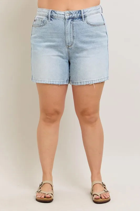 Judy Blue Full Size Frayed Hem High Rise Denim Shorts with Pockets Plus Size - Velora