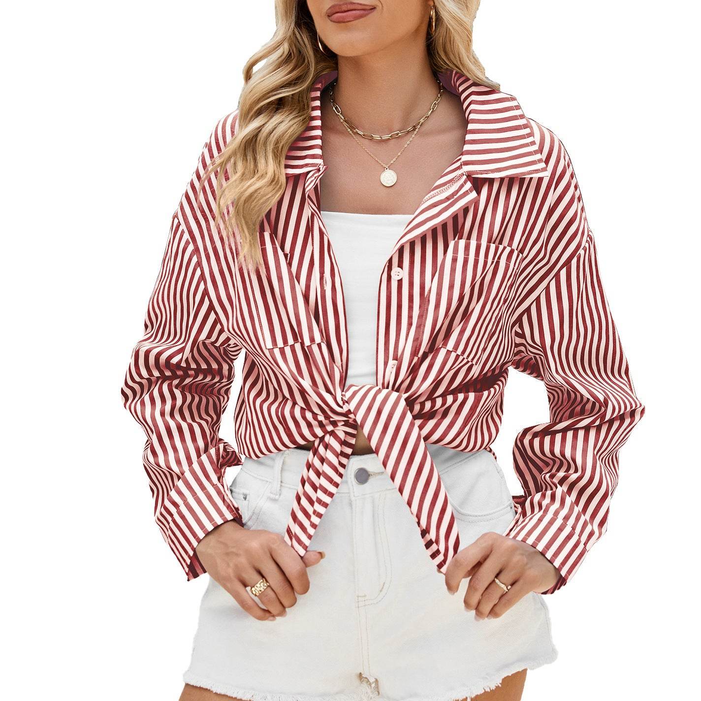 Fashion Striped Long Sleeve Shirt With Pockets Casual Loose Single-breasted Button Top Women Clothing - Velora