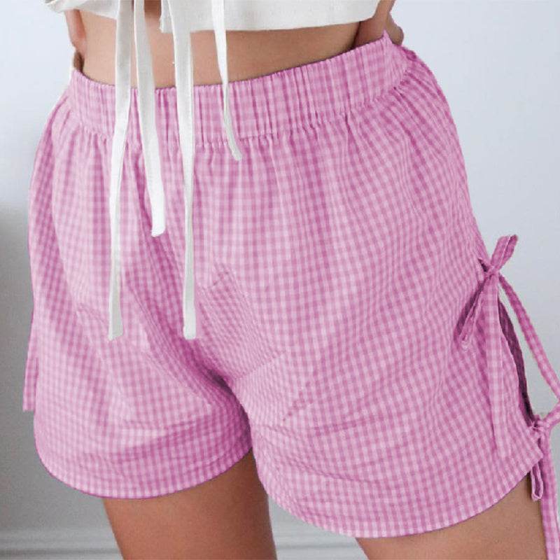 Loose Plaid Print Shorts With Lace-up Design Summer Fashion Y2K Elastic Band Pants For Women - Velora