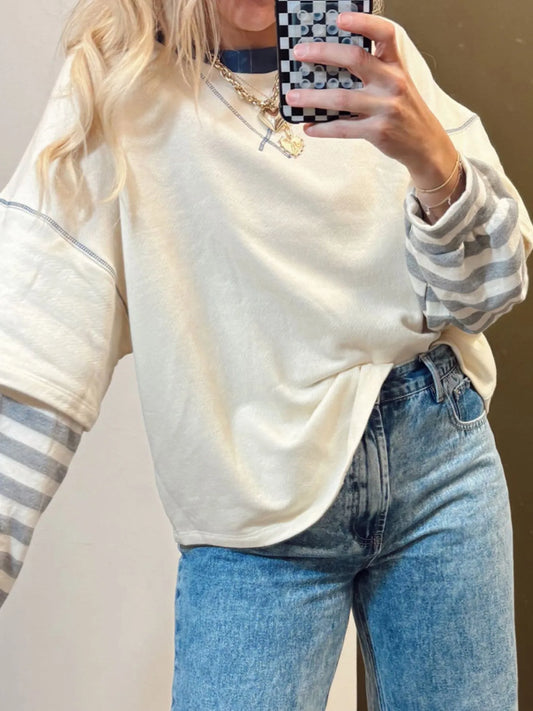 Striped Patchwork Long Sleeve Round Neck Two-in-one Top - Velora