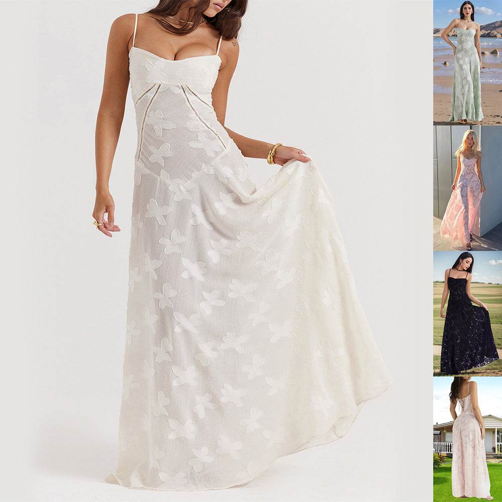 Sexy Flowers Lace Suspender Dress Summer Fashion Slim Back Lace-up Long Dresses Party Evening Club Clothing For Women - Velora