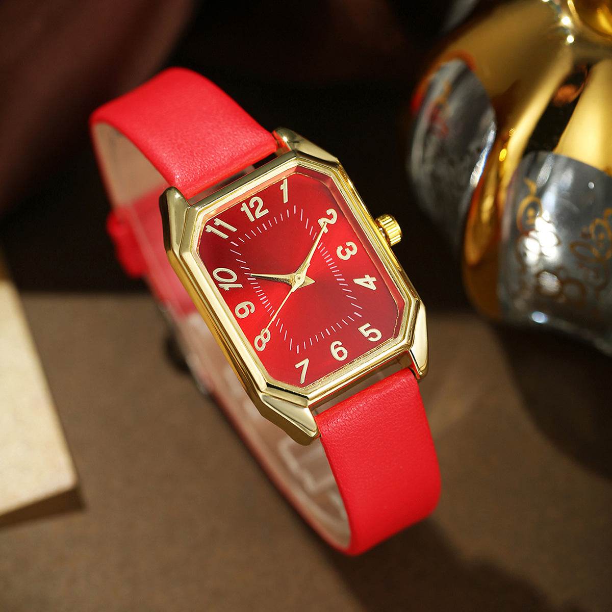 Leather Women's Watch Square Quartz Watch Korean Necklace Earrings Ring Set - Velora