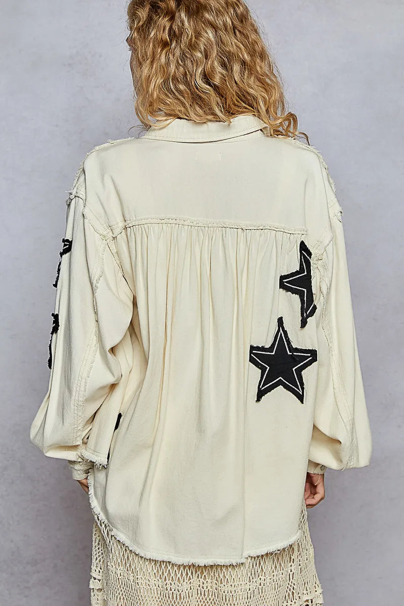 POL Star Patch Raw Hem Button Up Denim Jacket - Velora