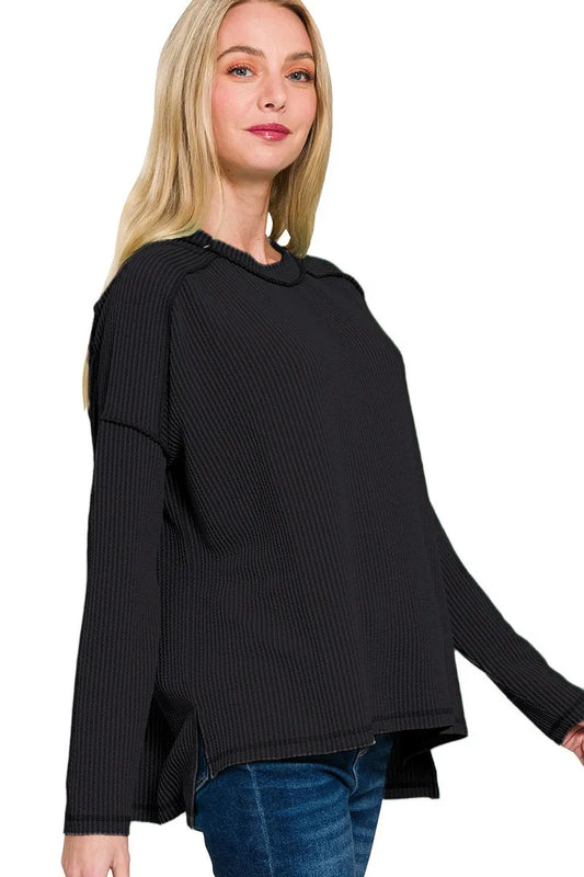 Zenana Full Size Exposed Seam Long Sleeve Corded Rib Knit Top Plus Size - Velora