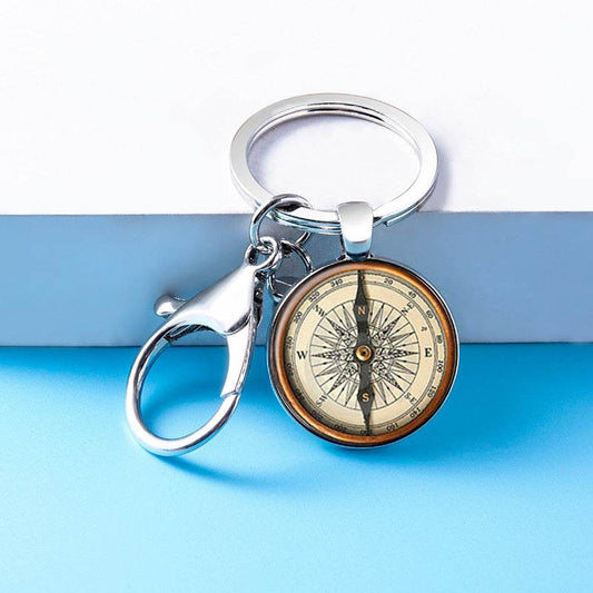 Vintage Steampunk Compass Picture Glass Dome Cabochon Pendant Keychains With Clasp - Velora