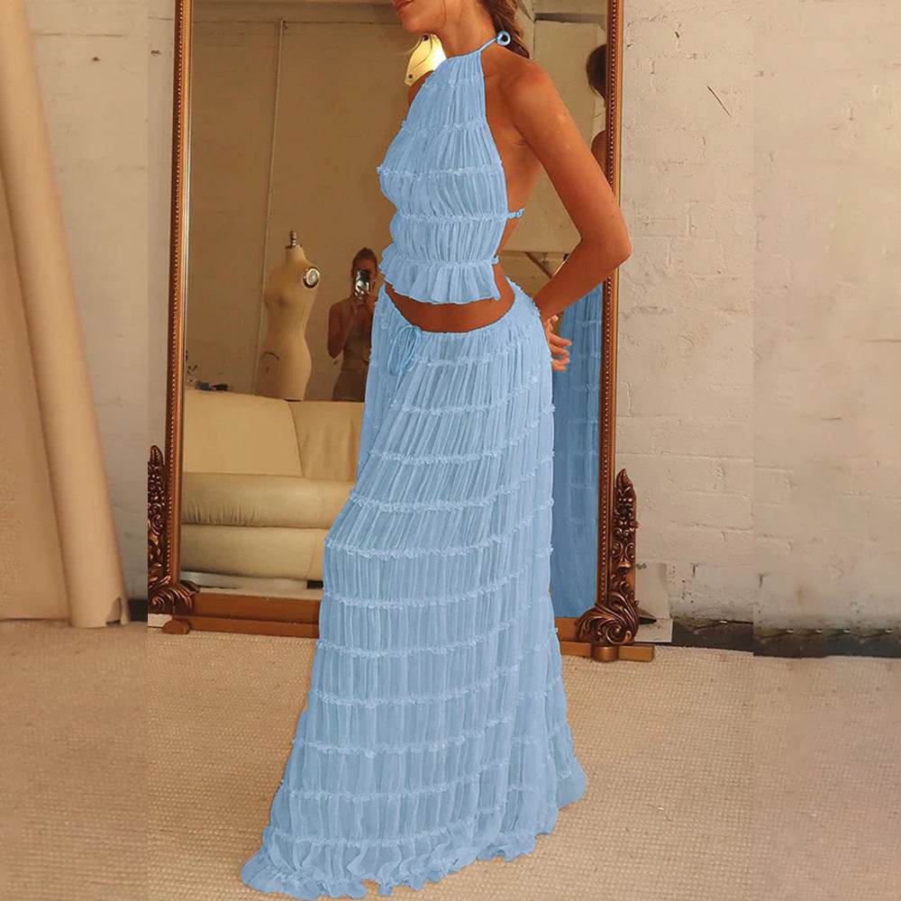 2pcs Women's Dress Suit Sexy Sleeveless Backless Cropped Halter Top And Pleated Long Dress - Velora