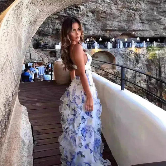 New Women's Spring And Summer Dew Fairy Sleeveless Backless Floral Long Dress