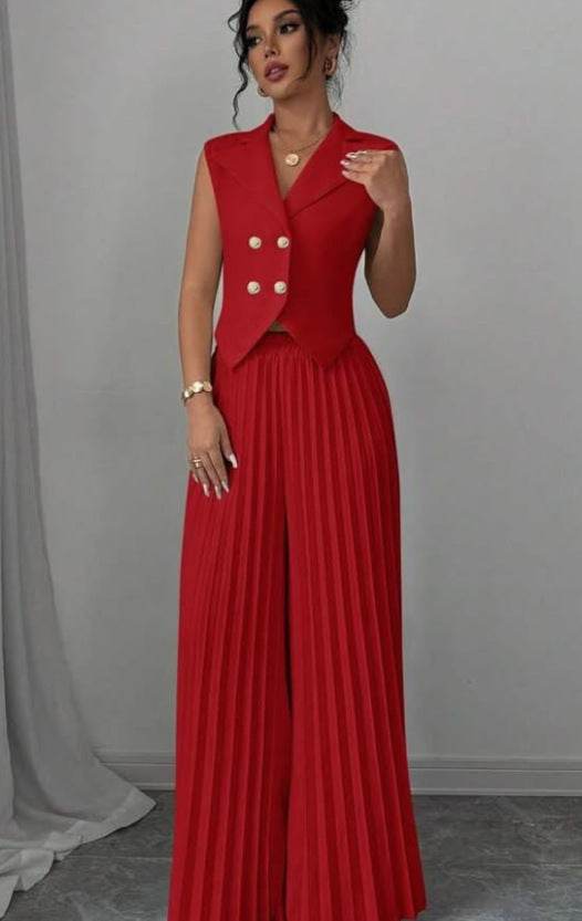 Summer Sleeveless Suit Fashion Lapel Button Vest Top And Pleated Straight Pants Women's Trousers Set Clothing - Velora