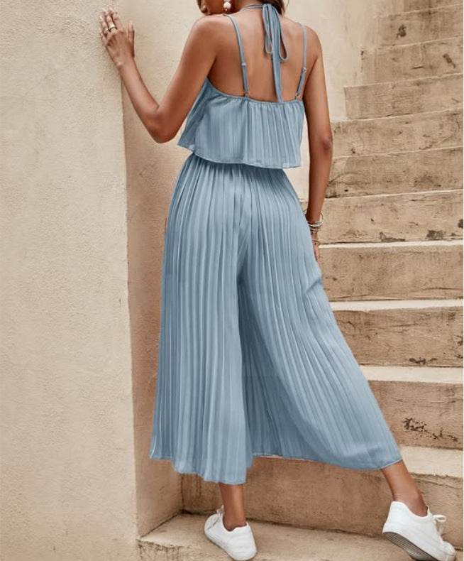 Women's Summer Solid Color Vacation Loose Suit Strap Backless Thin Romper Streetwear INS One-Piece Outfit Beach Style Striped Wide Leg Trousers Casual Suit - Velora