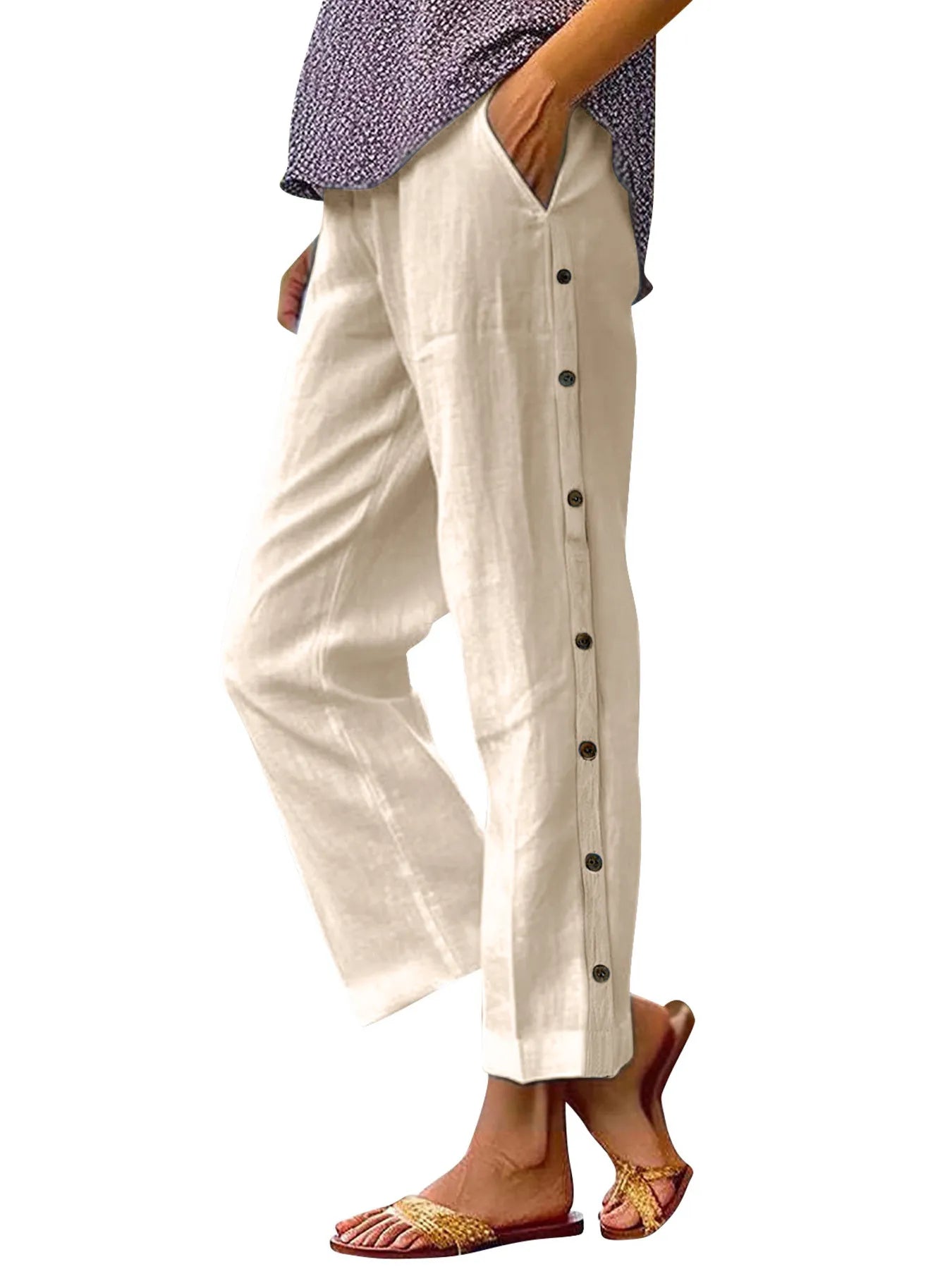 Full Size Side Decor Button Casual Wide Leg Pants Plus Size - Velora