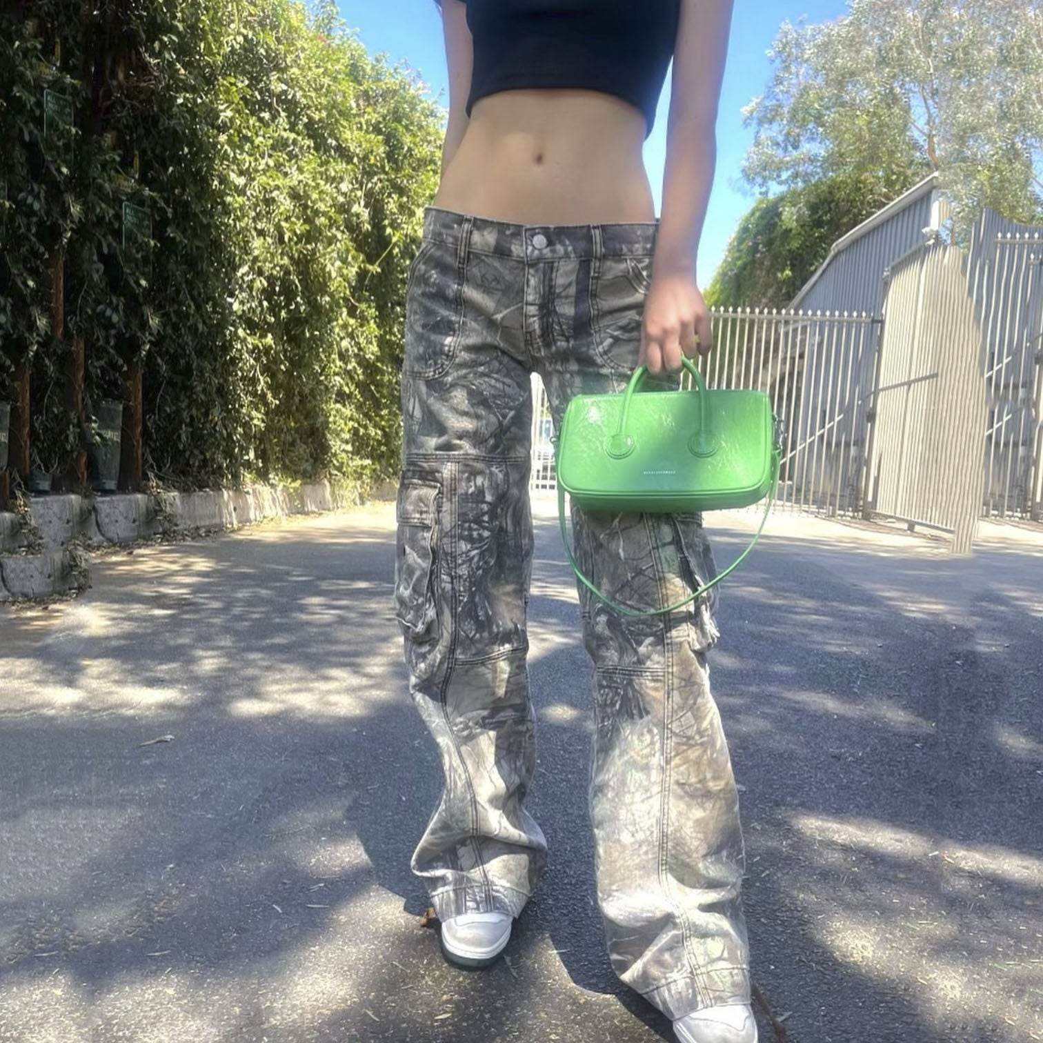 Casual Camouflage Cargo Pants Loose Overalls Summer Low Waist Straight Trousers With Pockets - Velora