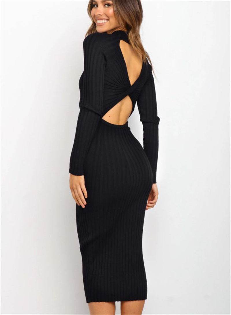 New Style Women's Suits Sweater Dresses Women's Solid Color Backless Bow Tight Dresses - Velora